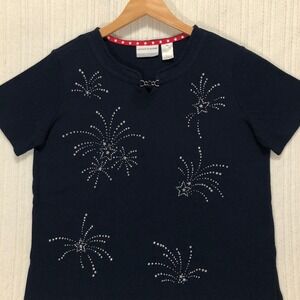 Alfred Dunner Petite Top Rhinestone Embellished‎ Patriotic Navy Tee PM